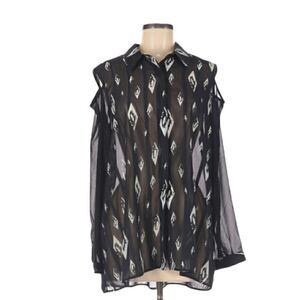 Simon Chang Sheer Black & White Cold Shoulder Long Sleeve Button Up Shirt Medium